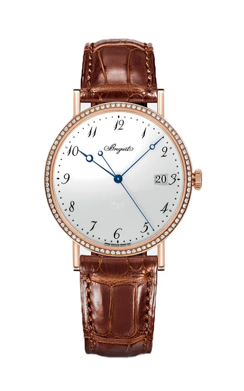 Breguet Classique Automatic 38mm, White dial, Rose Gold with Diamond Bezel on Brown Alligator Strap