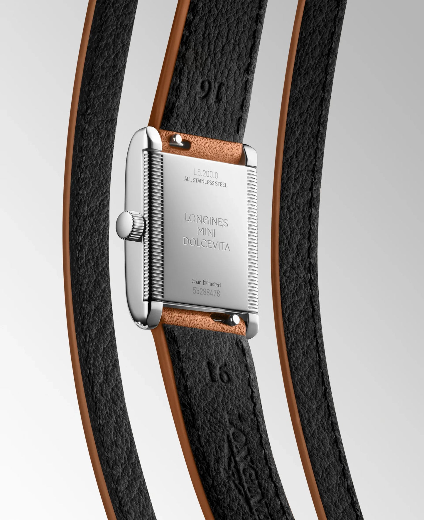 Longines Mini DolceVita Quartz 21.50 X 29.00mm, Silver Dial with Diamond Bezel, Gold Leather Strap