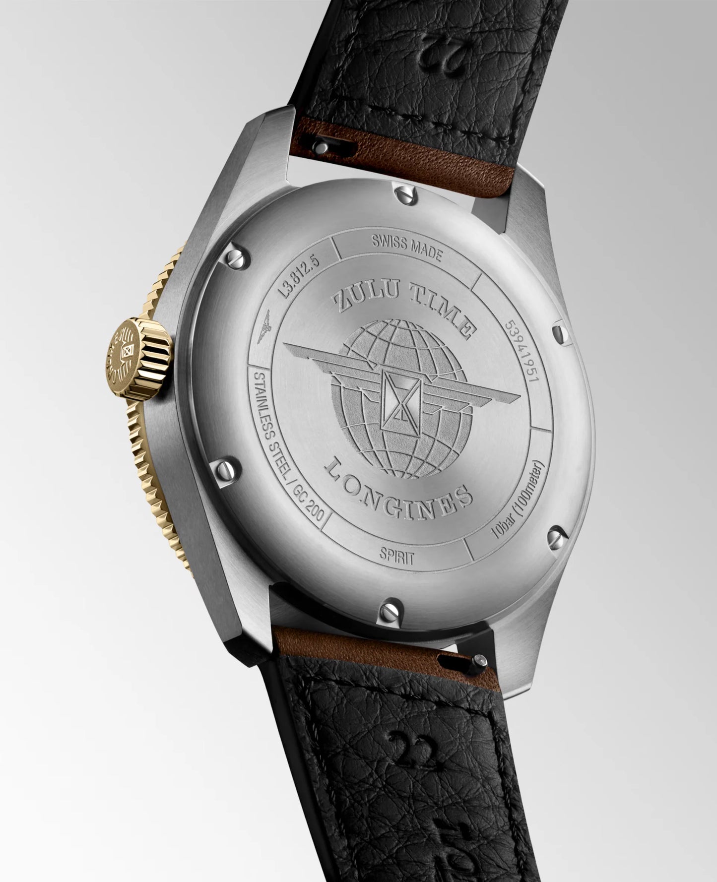 Longines Spirit Zulu Time Automatic COSC 42mm, Stainless Steel and 18 Karat Yellow Gold, Black Dial, Brown Leather Strap