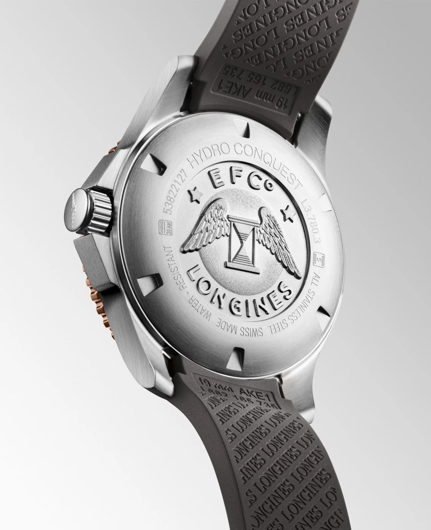 Longines HydroConquest Automatic 39mm, Stainless Steel with Pink Gold PVD Coated Bezel Rim, Grey Dial and Rubber Strap