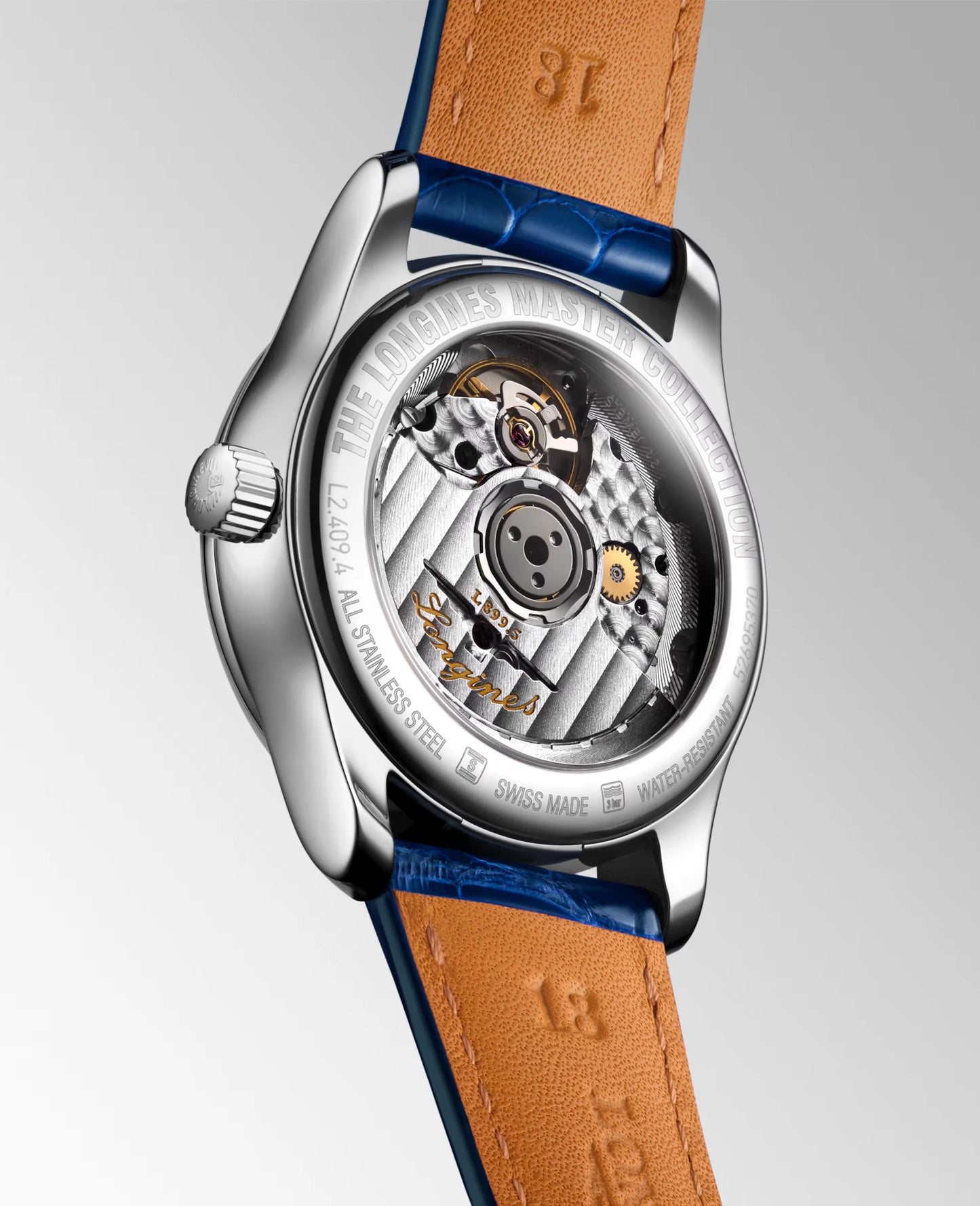 Longines Master Collection Moonphase Automatic 34mm, Mother-of-Pearl Dial, Blue Alligator Leather Strap