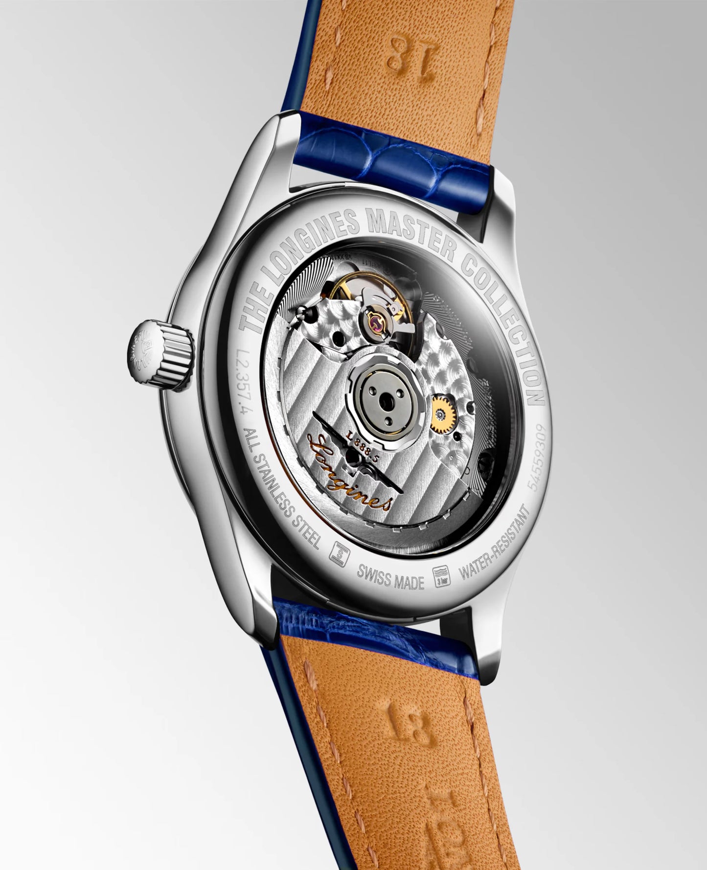 Longines Master Collection Automatic 34mm, Mother-of-Pearl Dial, Blue Leather Strap