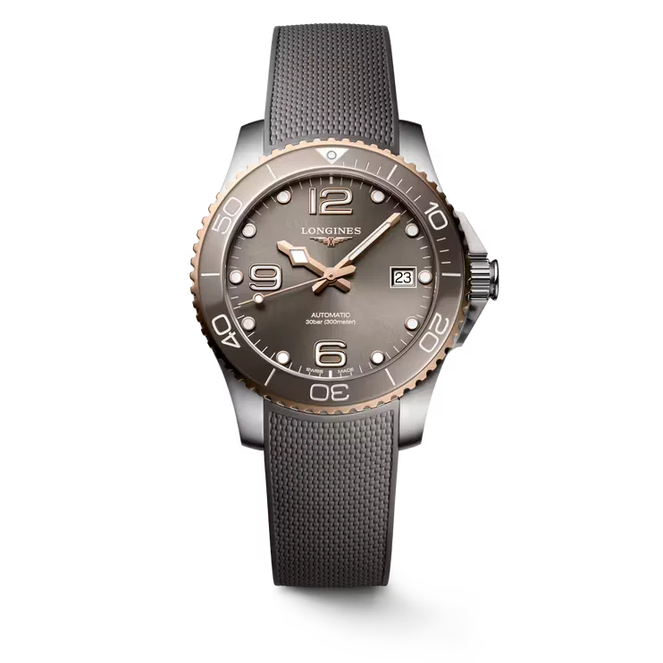 Longines HydroConquest Automatic 39mm, Stainless Steel with Pink Gold PVD Coated Bezel Rim, Grey Dial and Rubber Strap