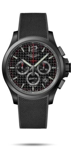 Longines Conquest VHP Chronograph Quartz 44mm, Black PVD Coated Stainless Steel, Black Carbon Fiber Dial and Rubber Strap