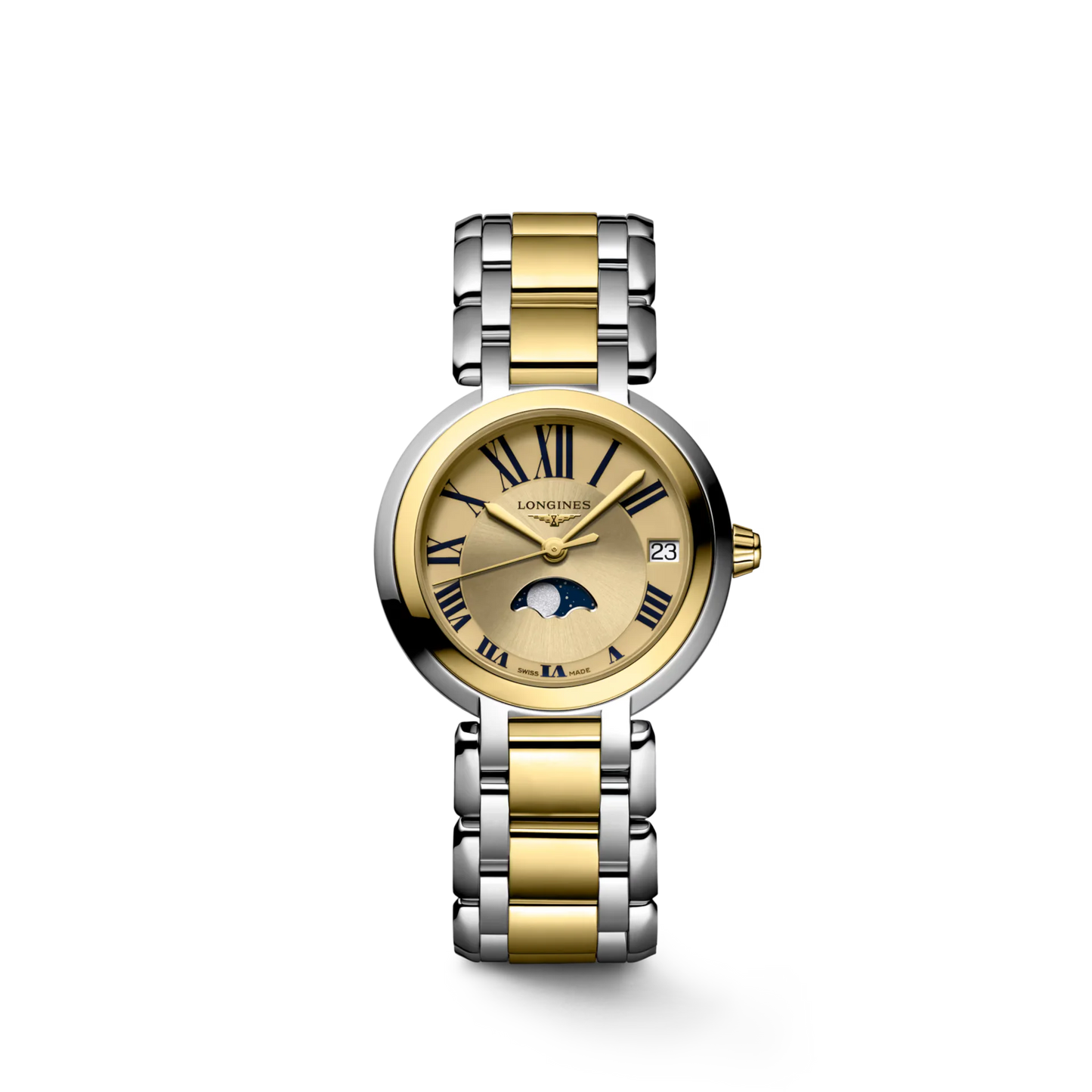 Longines PrimaLuna Moonphase Quartz 30.50mm, Gilt Dial, Stainless Steel and 18 Karat Yellow Gold