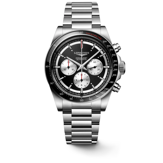 Longines Conquest Chronograph Automatic 42mm, Black Dial with Silver Counters, Stainless Steel