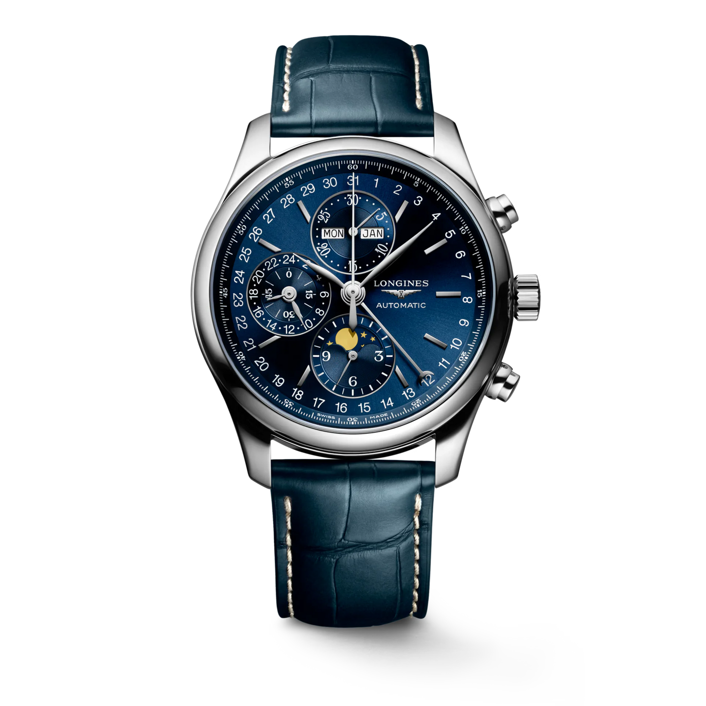 Longines Master Collection Chronograph Moonphase Automatic 42mm, Blue Dial and Alligator Leather Strap