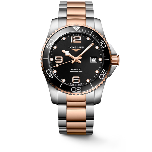 Longines HydroConquest Automatic 41mm, Stainless Steel with Pink Gold PVD Coated Bezel Rim, Black Dial