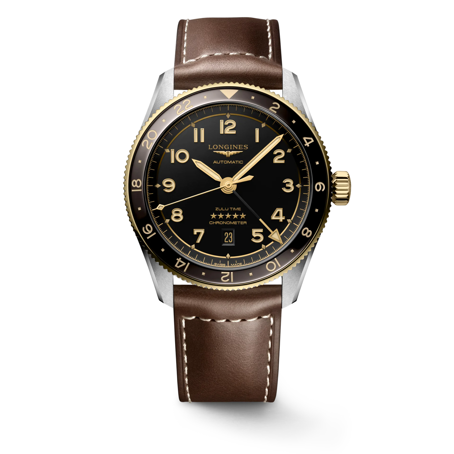 Longines Spirit Zulu Time Automatic COSC 42mm, Stainless Steel and 18 Karat Yellow Gold, Black Dial, Brown Leather Strap