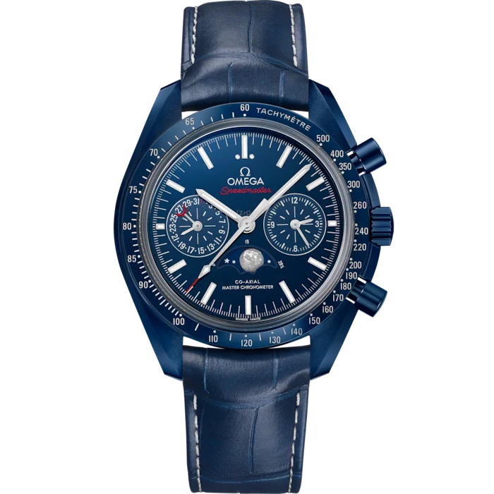 0mega Speedmaster Moonphase Blue Side of The Moon Automatic 44.25mm, Blue Dial, Blue Ceramic on Alligator Strap