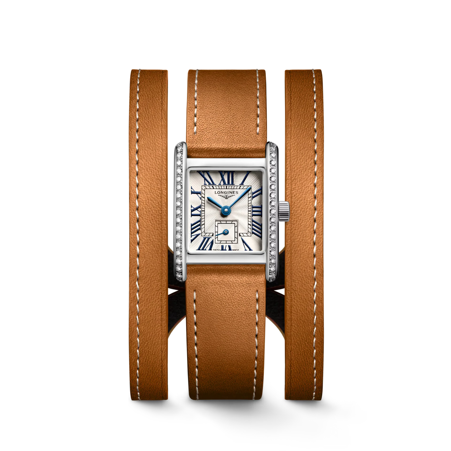Longines Mini DolceVita Quartz 21.50 X 29.00mm, Silver Dial with Diamond Bezel, Gold Leather Strap