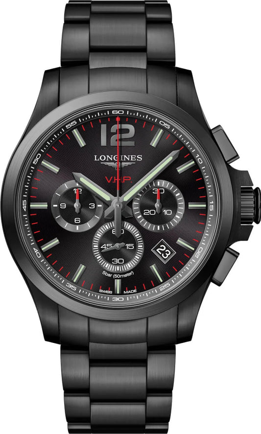 Longines Conquest VHP Chronograph Quartz 44mm, Black Dial and PVD Coated Stainless Steel