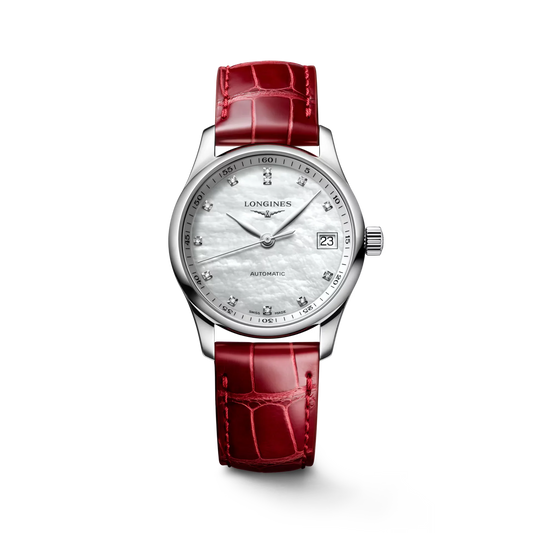 Longines Master Collection Automatic 34mm, Mother-of-Pearl Dial, Red Leather Strap
