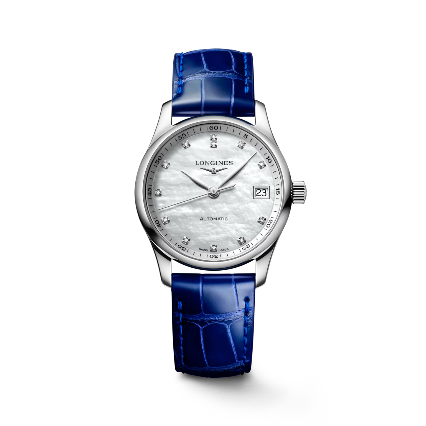Longines Master Collection Automatic 34mm, Mother-of-Pearl Dial, Blue Leather Strap