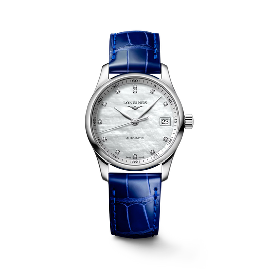 Longines Master Collection Automatic 34mm, Mother-of-Pearl Dial, Blue Leather Strap