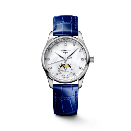 Longines Master Collection Moonphase Automatic 34mm, Mother-of-Pearl Dial, Blue Alligator Leather Strap