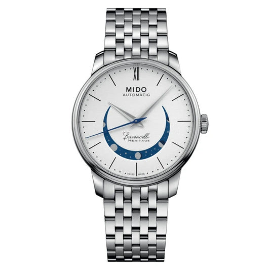 Mido Baroncelli Smiling Moon 39mm Automatic Moonphase White Dial Stainless Steel Bracelet