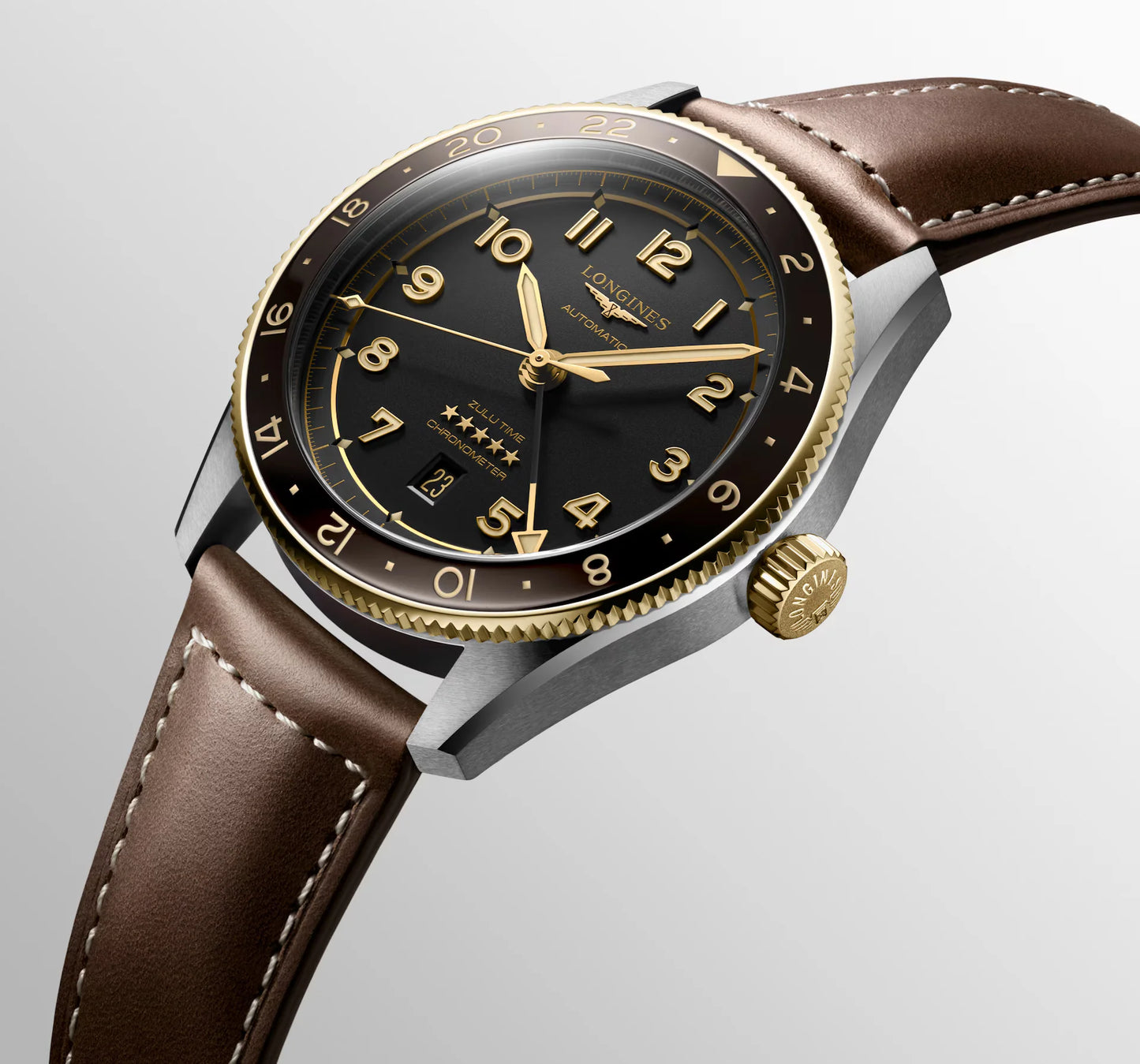 Longines Spirit Zulu Time Automatic COSC 42mm, Stainless Steel and 18 Karat Yellow Gold, Black Dial, Brown Leather Strap