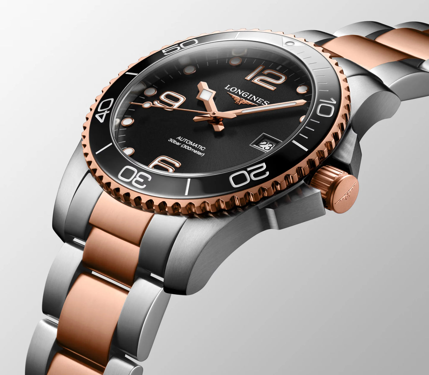 Longines HydroConquest Automatic 41mm, Stainless Steel with Pink Gold PVD Coated Bezel Rim, Black Dial