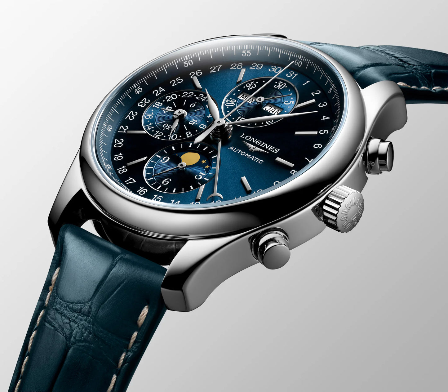 Longines Master Collection Chronograph Moonphase Automatic 42mm, Blue Dial and Alligator Leather Strap