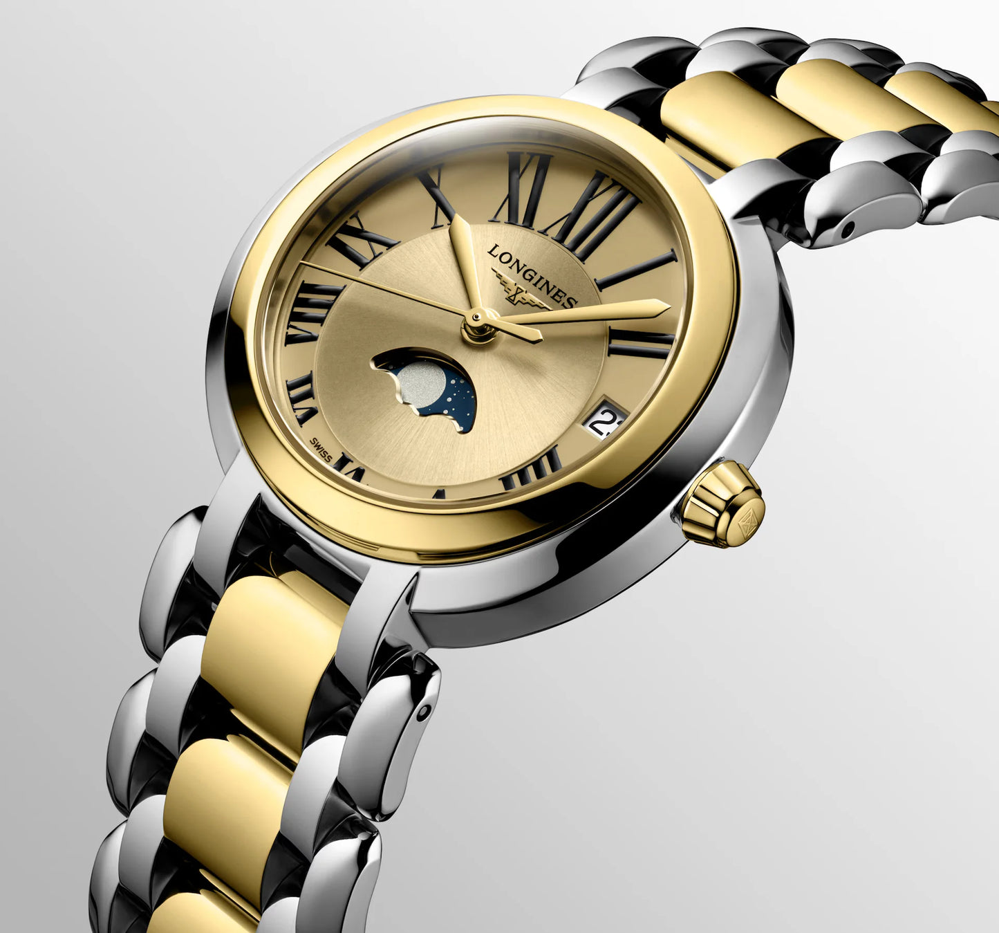 Longines PrimaLuna Moonphase Quartz 30.50mm, Gilt Dial, Stainless Steel and 18 Karat Yellow Gold