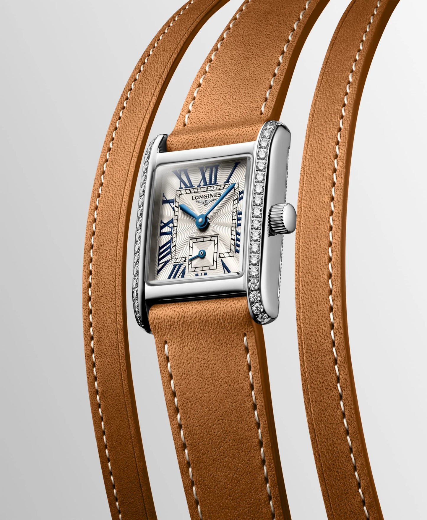 Longines Mini DolceVita Quartz 21.50 X 29.00mm, Silver Dial with Diamond Bezel, Gold Leather Strap