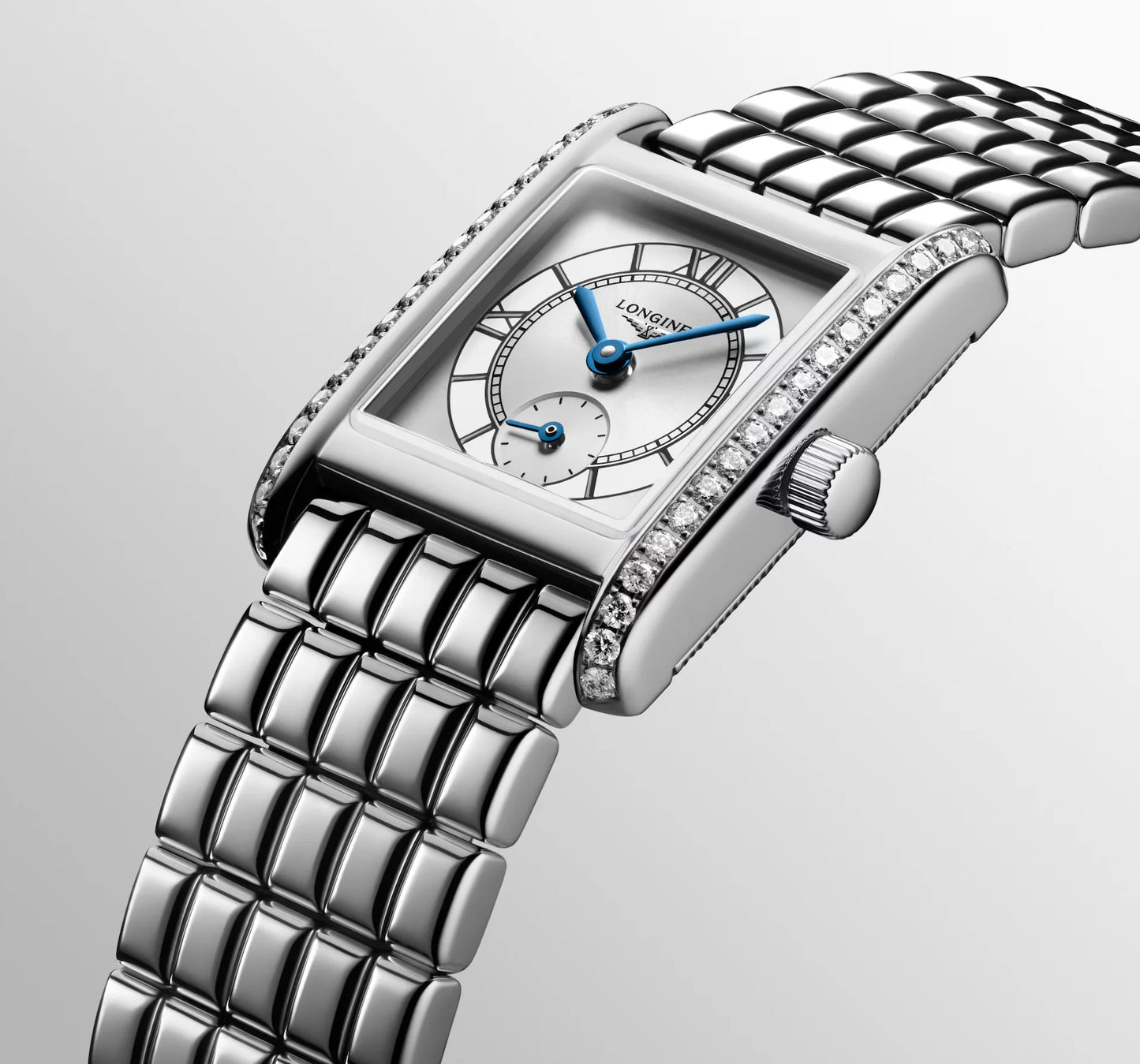 Longines Mini DolceVita Quartz 21.50 X 29.00mm, Silver Dial with Diamond Bezel, Stainless Steel