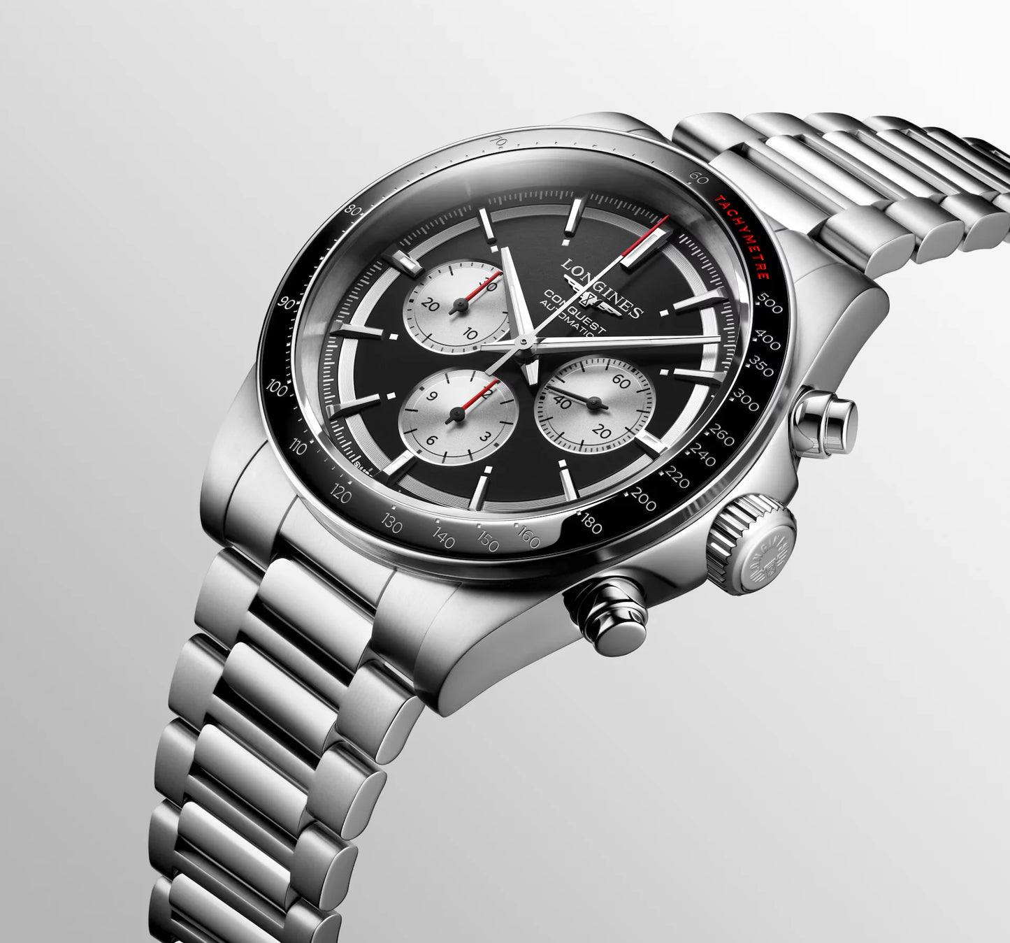 Longines Conquest Chronograph Automatic 42mm, Black Dial with Silver Counters, Stainless Steel