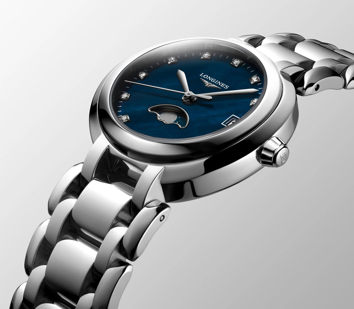 Longines PrimaLuna Moonphase Quartz 30.50mm, Blue Mother-of-Pearl, Stainless Steel