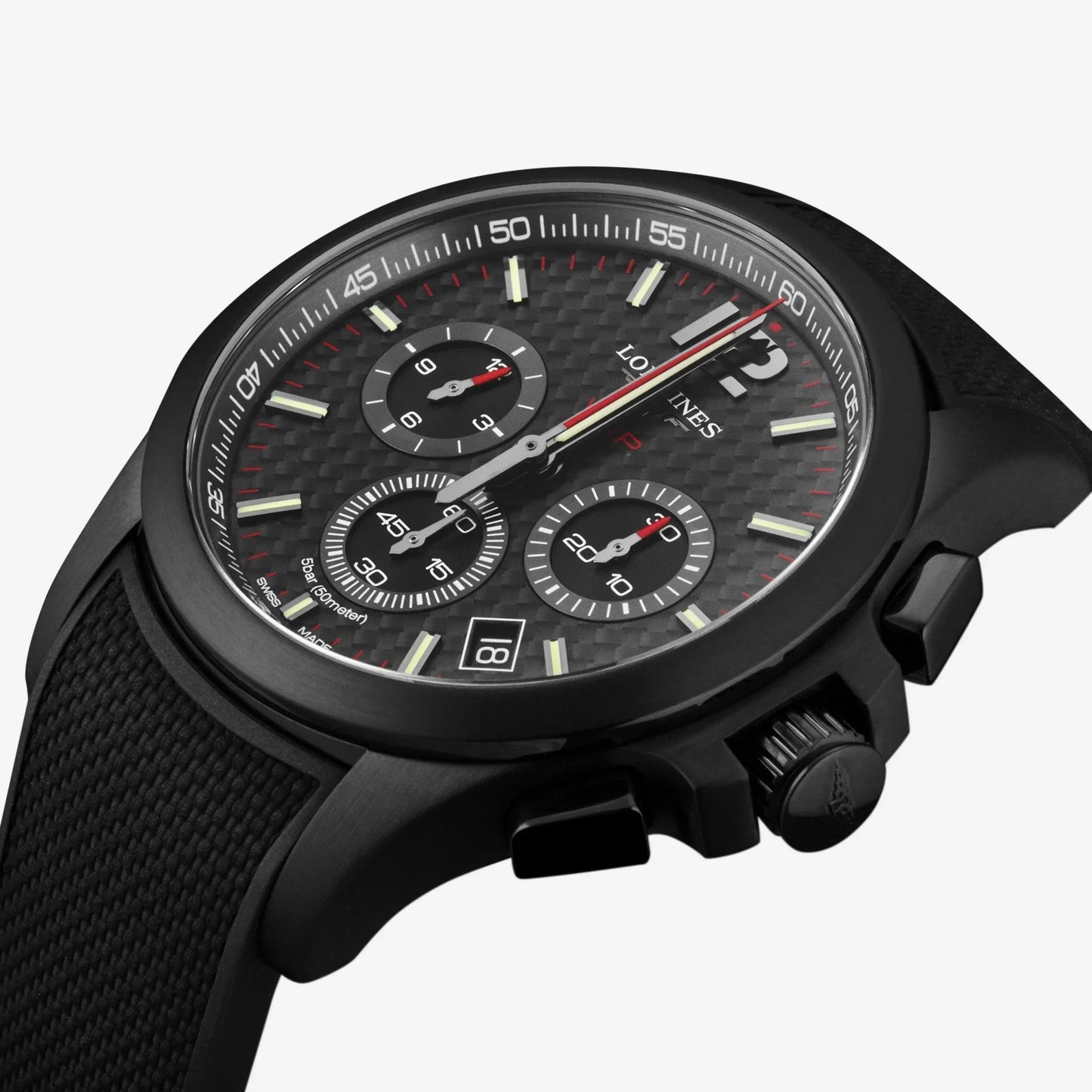 Longines Conquest VHP Chronograph Quartz 44mm, Black PVD Coated Stainless Steel, Black Carbon Fiber Dial and Rubber Strap