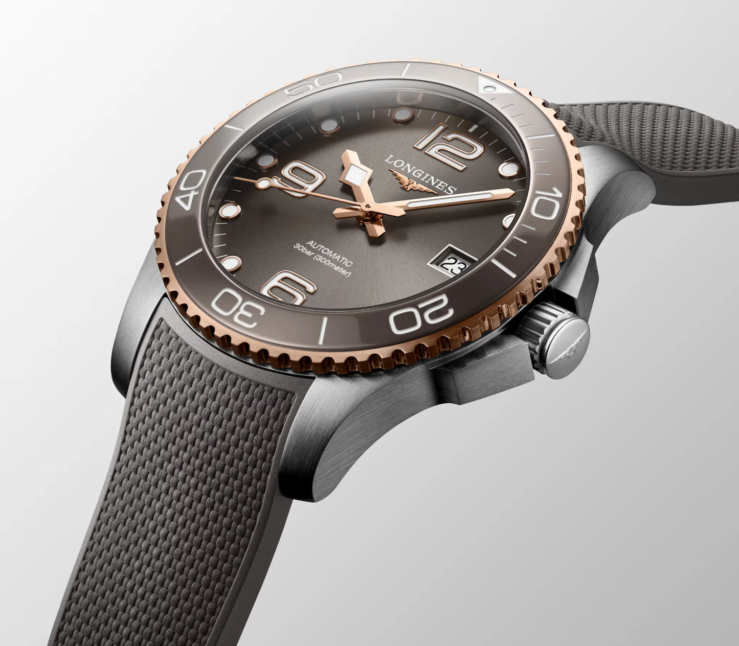 Longines HydroConquest Automatic 39mm, Stainless Steel with Pink Gold PVD Coated Bezel Rim, Grey Dial and Rubber Strap