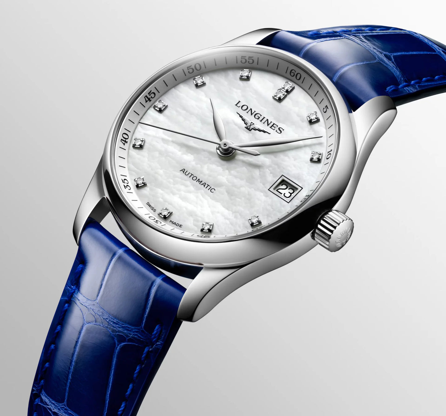 Longines Master Collection Automatic 34mm, Mother-of-Pearl Dial, Blue Leather Strap