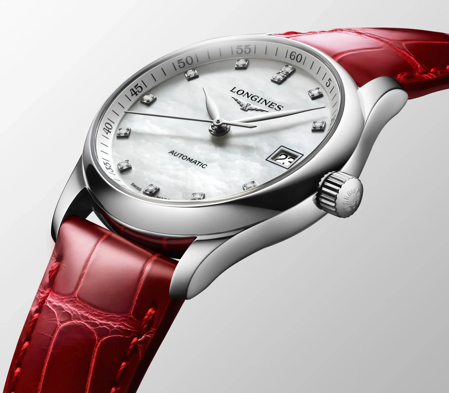 Longines Master Collection Automatic 34mm, Mother-of-Pearl Dial, Red Leather Strap