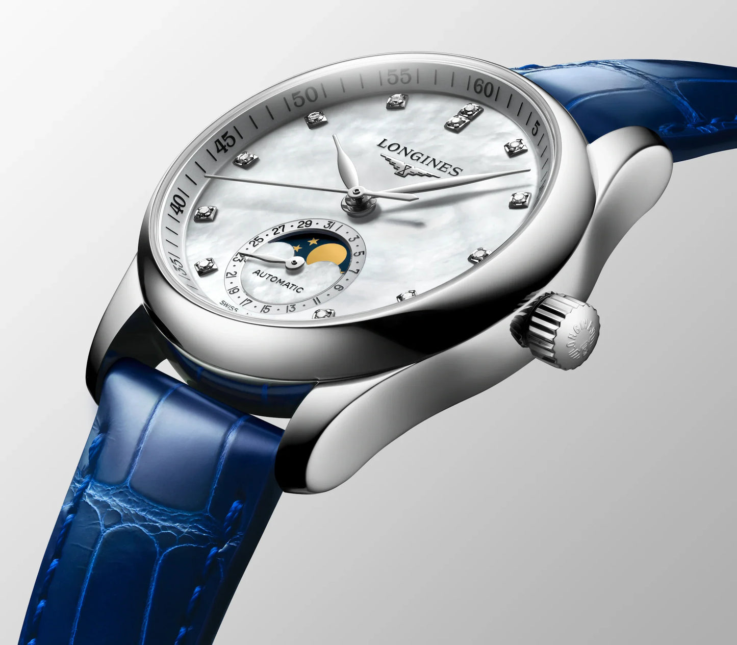 Longines Master Collection Moonphase Automatic 34mm, Mother-of-Pearl Dial, Blue Alligator Leather Strap