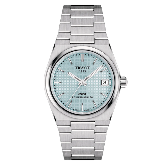 Tissot PRX Ice Blue T137.207.11.351.00 Ladies Automatic Watch with Date and Powermatic 80 movement on stainless steel bracelet and case. Front Image