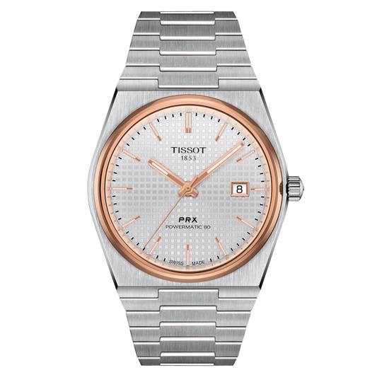 Tissot Silver Waffle Dial with Rose Gold PVD Bezel 40mm stainless steel case. T137.407.21.031.00 Front view.