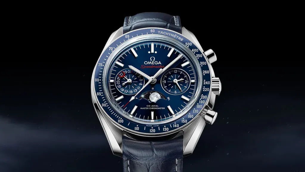 0mega Speedmaster Moonphase Blue Side of The Moon Automatic 44.25mm, Blue Dial, Blue Ceramic on Alligator Strap