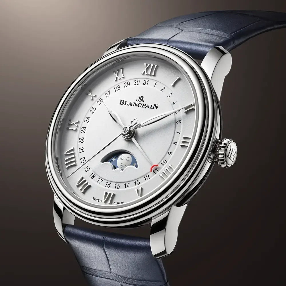 Blancpain Villeret Quantième Phases de Lune 33.2mm, White Dial, Stainless Steel on Blue Alligator Strap
