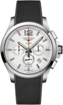 Longines Conquest VHP Chronograph Quartz 44mm, Stainless Steel, Silver Dial and Black Rubber Strap