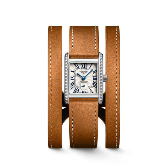 Longines Mini DolceVita Quartz 21.50 X 29.00mm, Silver Dial with Diamond Bezel, Gold Leather Strap