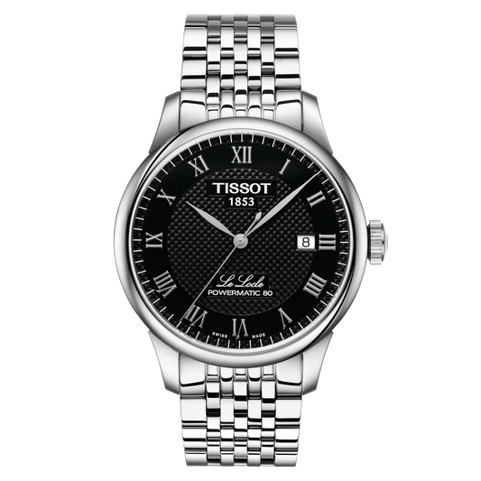 Tissot Le Locle Powermatic 80 Gents Automatic Black Dial watch with Roman numeral indexes. Date function at 3 o'clock position. Stainless steel case and bracelet. Front Image. T006.407.11.053.00