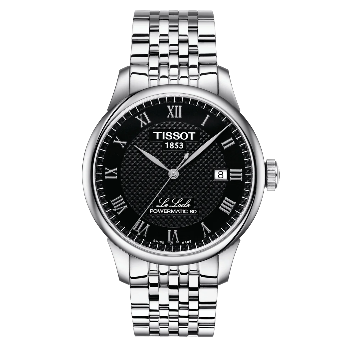 Tissot Le Locle Powermatic 80 Gents Automatic Black Dial watch with Roman numeral indexes. Date function at 3 o'clock position. Stainless steel case and bracelet. Front Image. T006.407.11.053.00