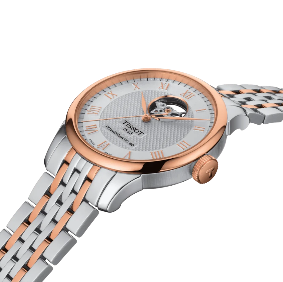 Tissot Le Locle Powermatic 80 Rose Gold PVD Stainless Open Heart Balance Bracelet T006.407.22.033.02. Side View.