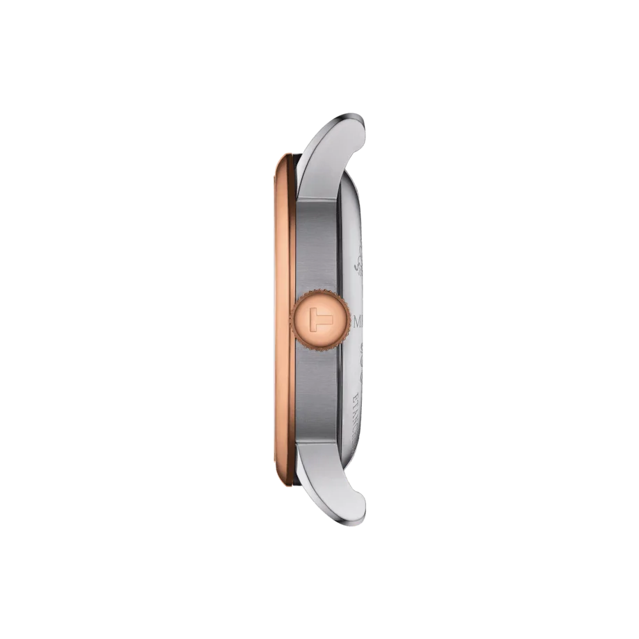 Tissot Le Locle Powermatic 80 Rose Gold PVD Stainless Open Heart Balance Bracelet T006.407.22.033.02. Side case profile.
