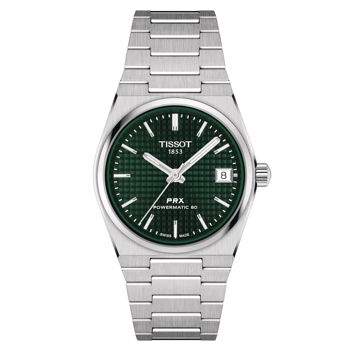 Tissot PRX Green Dial T137.207.11.091.00 Ladies Automatic Watch with Date and Powermatic 80 movement on stainless steel bracelet and case. Front Image