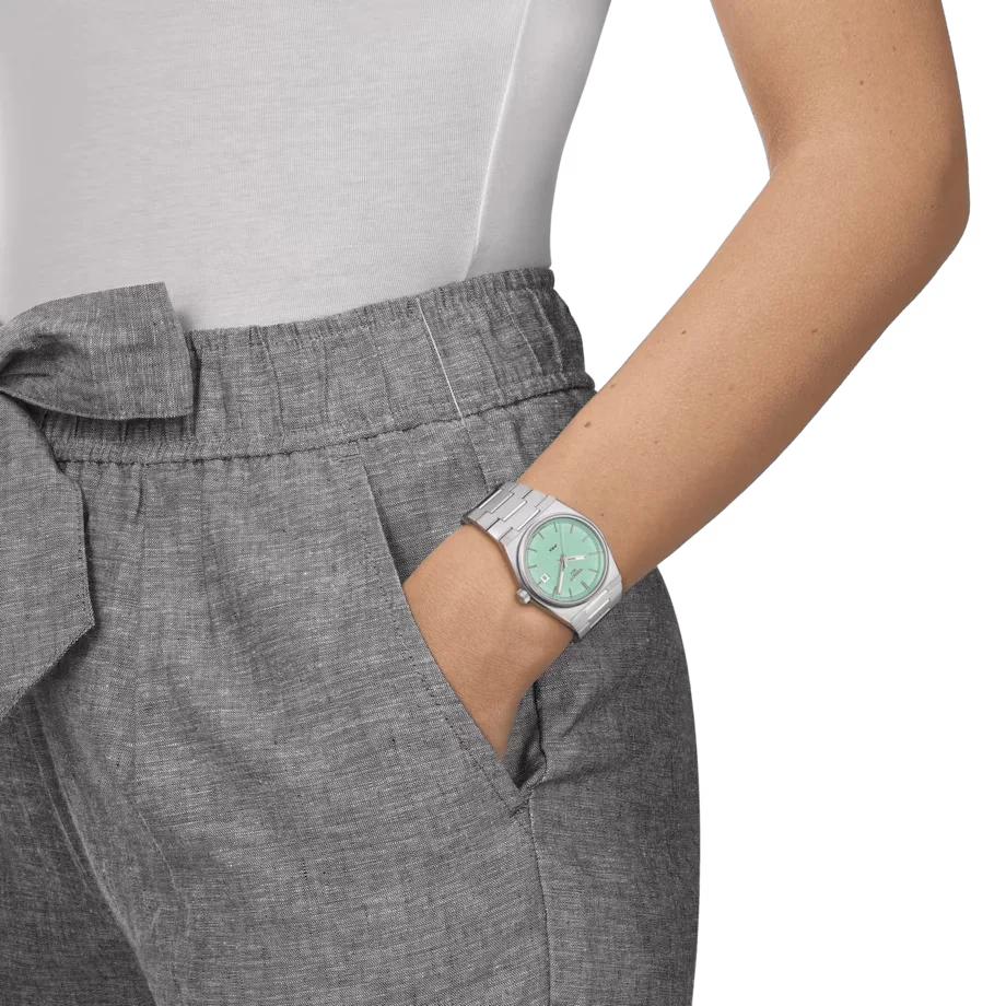 Tissot PRX 35mm Green Ladies Quartz or Battery operated swiss watch T1372101109100. Lifestyle Shot.