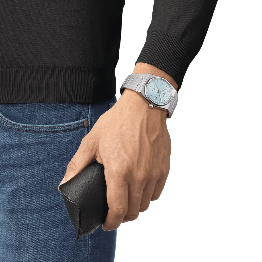 Tissot PRX 40mm Automatic Gents Swiss Timepiece ice Blue Stainless Steel Bracelet. T137.407.11.351.00 - Lifestyle Image wrist shot.