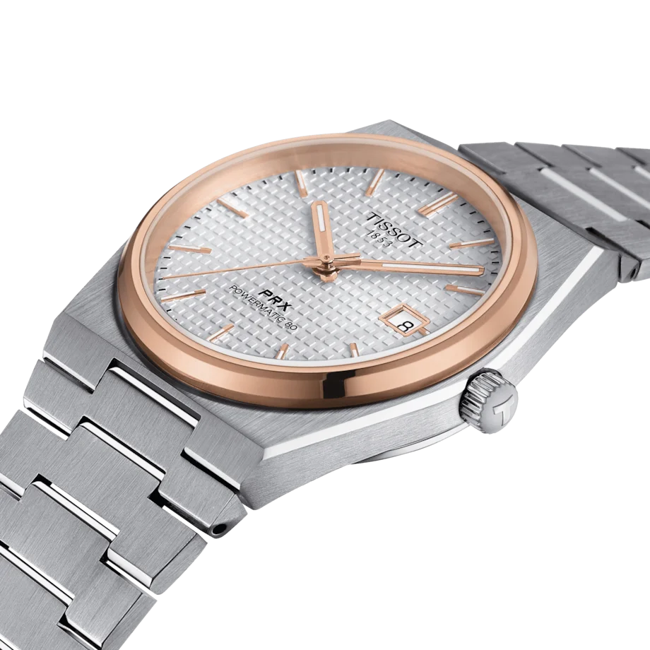 Tissot Silver Waffle Dial with Rose Gold PVD Bezel 40mm stainless steel case. T137.407.21.031.00 Side profile view.