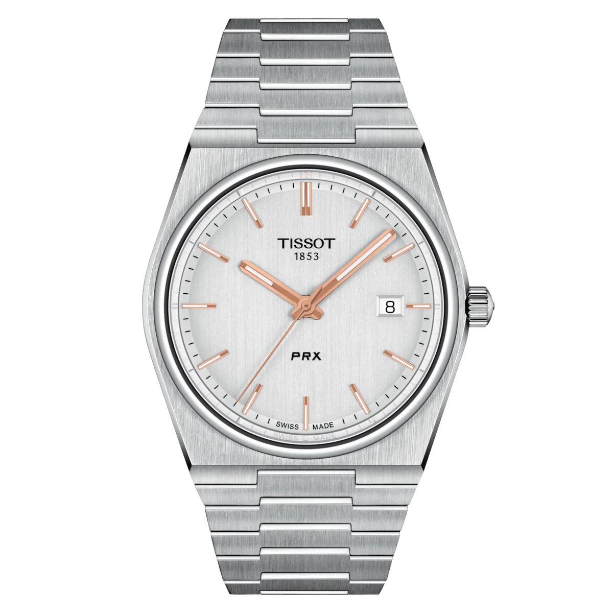 Tissot PRX Quartz T1344101103100 Silver Stainless Steel Rose Gold Index Batons with date function at 3 o'clock function. Front Image.