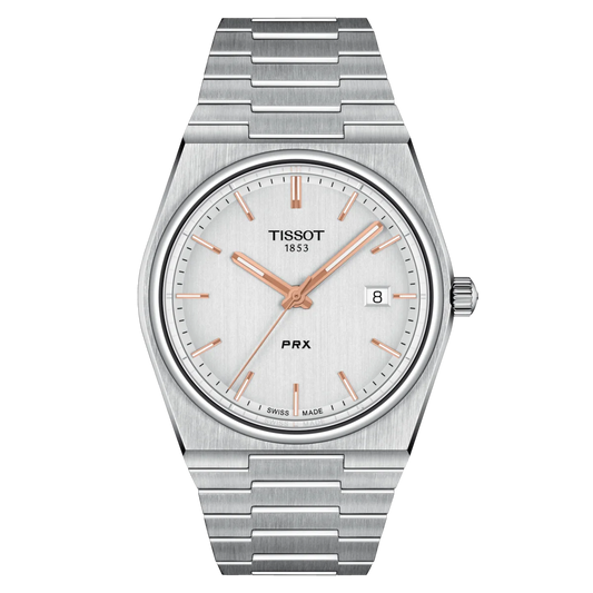 Tissot PRX Quartz T1344101103100 Silver Stainless Steel Rose Gold Index Batons with date function at 3 o'clock function. Front Image.